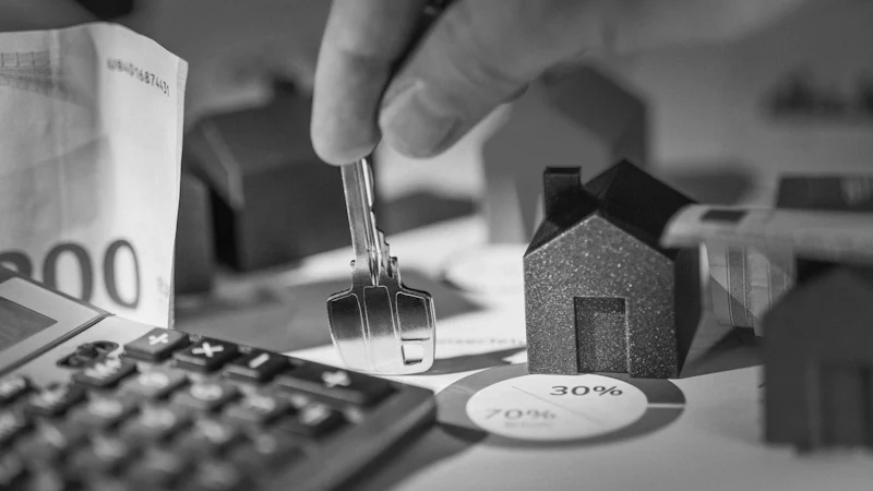 Una mano sostiene unas llaves sobre maquetas de casas.